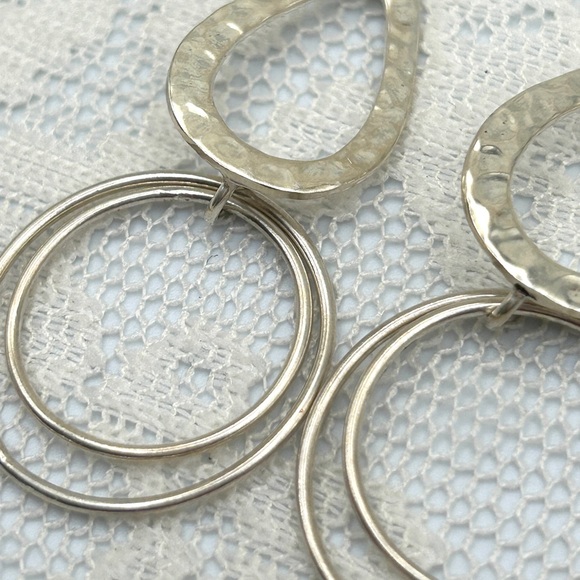 925 Sterling Silver Hammered Circle Double Dangle Earrings - Picture 4 of 13